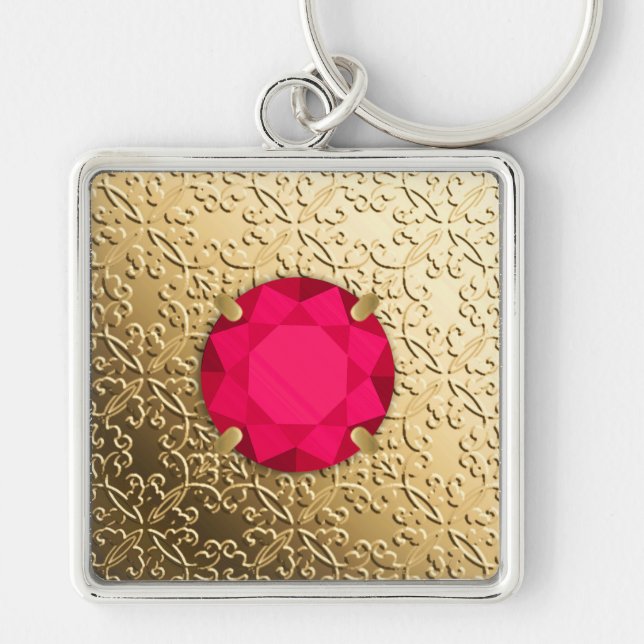 Goldener Damast mit Ruby-Edelstein-Imitaten Schlüsselanhänger (Vorne)