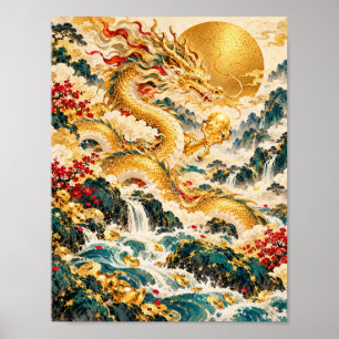 Goldener Drache Asiatisch Inspirierter Fantasy-Kun Poster