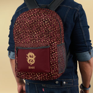 Goldener Drache auf Burgunderrot mit Sternen-Mond- Bedruckter Rucksack