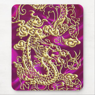 Goldener Drache auf Magenta Satin Mousepad