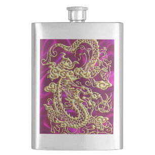 Goldener Drache auf Magenta Satin Print Flachmann