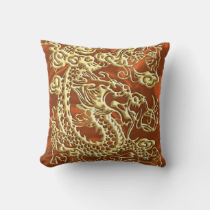 Goldener Drache auf Orange Satin Print Kissen