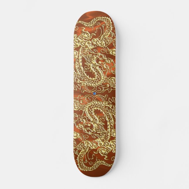 Goldener Drache auf Orange Satin Print Skateboard (Vorderseite)
