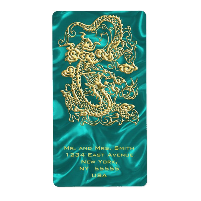 Goldener Drache auf Türkis Satin Print (Vorne)
