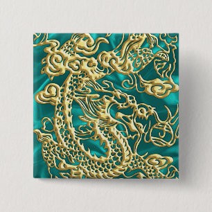 Goldener Drache auf Türkis Satin Print Button
