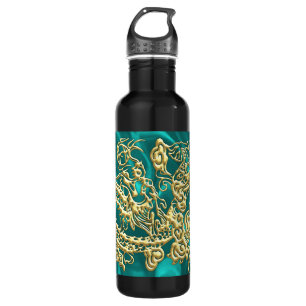 Goldener Drache auf Türkis Satin Print Edelstahlflasche