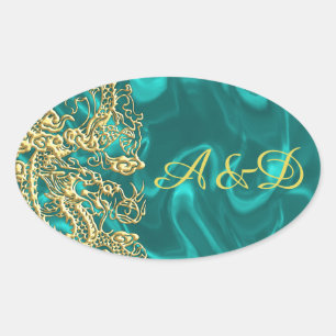 Goldener Drache auf Türkis Satin Print Ovaler Aufkleber