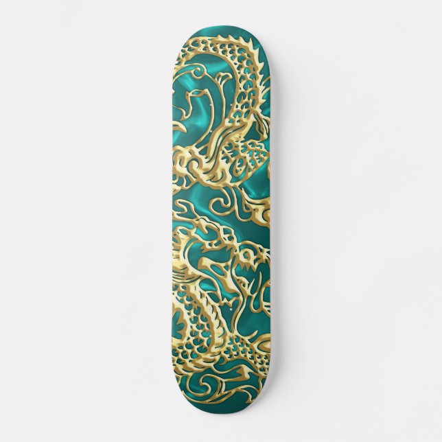 Goldener Drache auf Türkis Satin Print Skateboard (Vorderseite)