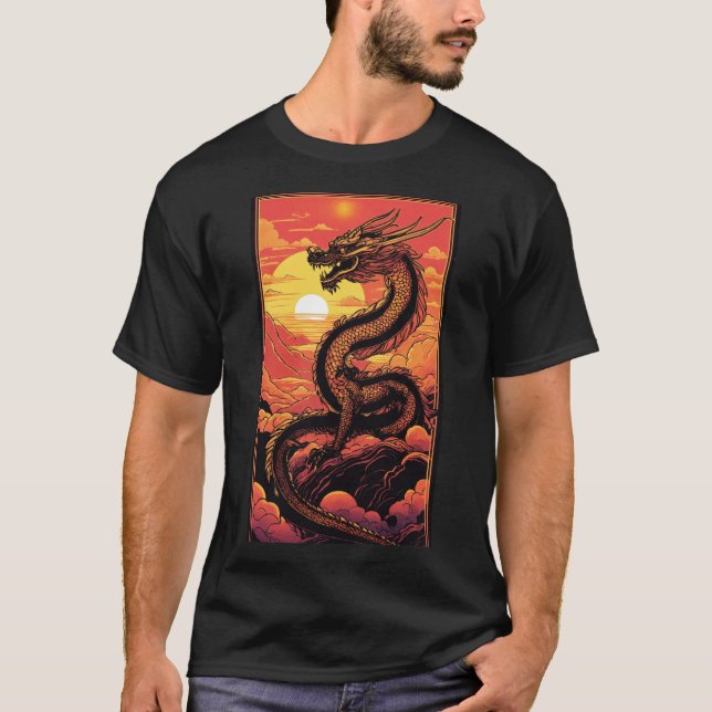 "Goldener Drache bei Sonnenaufgang - Vaporwave Ele T-Shirt (Vorderseite)