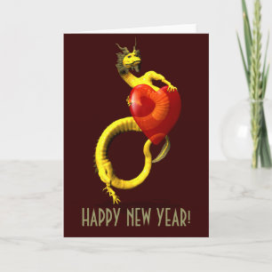 Goldener Drache mit großem rotem Herzen Feiertagskarte