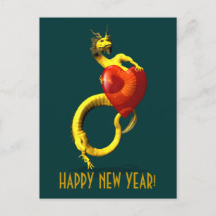 Goldener Drache mit großem rotem Herzen Feiertagspostkarte