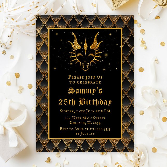 Goldener Drache mit schwarzen Scales Geburtstagspa Einladung (Von Creator hochgeladen)