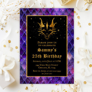 Goldener Drache mit violetten Schuppen Geburtstags Einladung