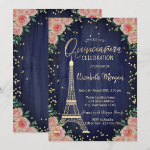 Goldener Eiffelturm Diamanten Blumen Quinceañera Einladung