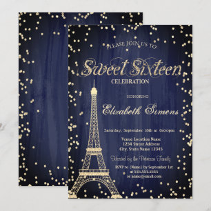 Goldener Eiffelturm Diamanten Marineblau Sweet 16 Einladung