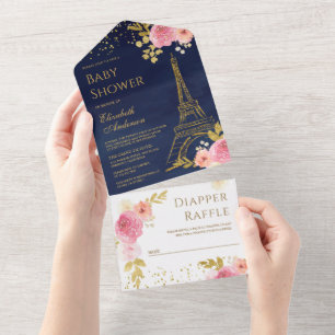 Goldener Eiffelturm Errötung Rosa Florale Babypart All In One Einladung