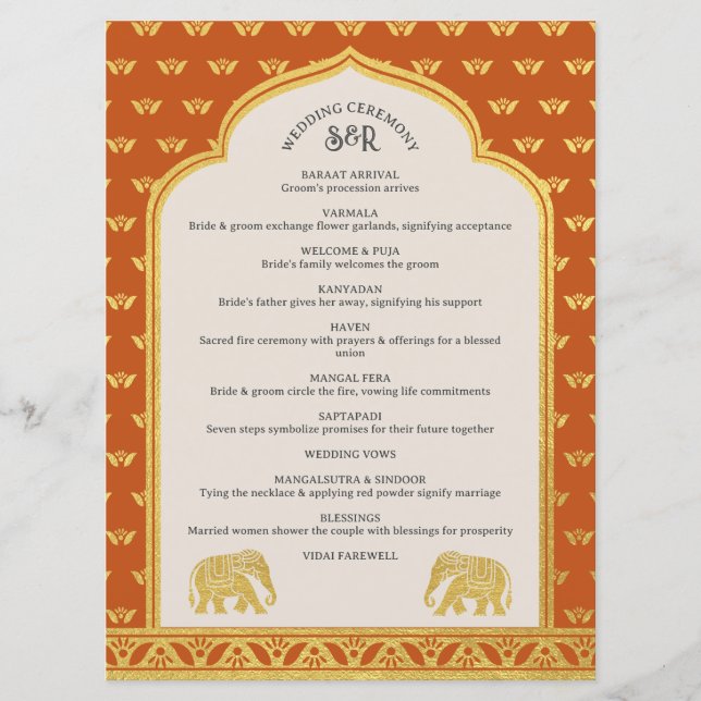 Goldener Elefant Indische & Hindu Hochzeitsprogram Programm (Vorderseite)