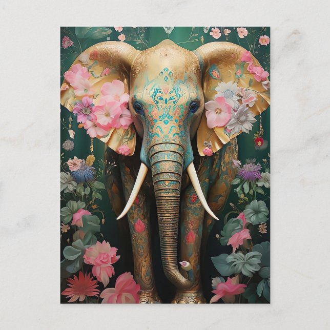goldener Elefant mit bunten Blumen Postkarte (Vorderseite)