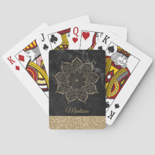 Goldener falscher Glitter-Mandala auf schwarzem Ma Spielkarten