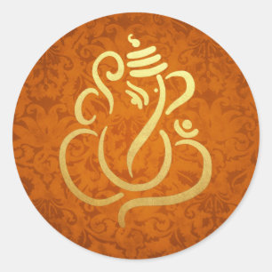 Goldener festlicher Ganesh   Indischer Gott Damast Runder Aufkleber