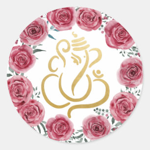Goldener Festlicher Ganesh  Indischer Gott roter R Runder Aufkleber