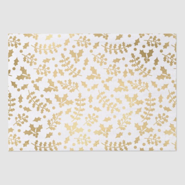 Goldener Foil & White Holly Winter Weihnachten Seidenpapier (Vorderseite)