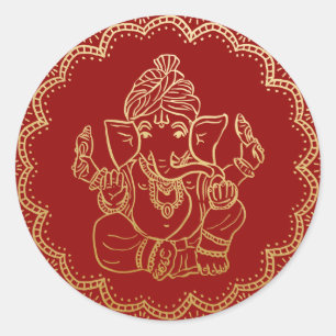 Goldener Ganesha Indischer Gott rote Hochzeit Runder Aufkleber