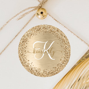 Goldener gebürsteter Metall-Glitter-Monogramm-Name Runder Aufkleber