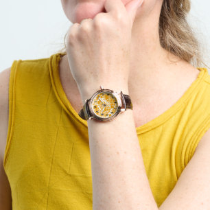 Goldener gelber und weißer Minifliesen-Entwurf Armbanduhr