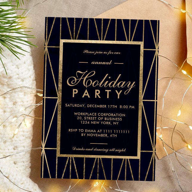 Goldener, geometrischer, blauer Winterurlaub Einladung (Gold geometric navy blue winter corporate holiday invitation)