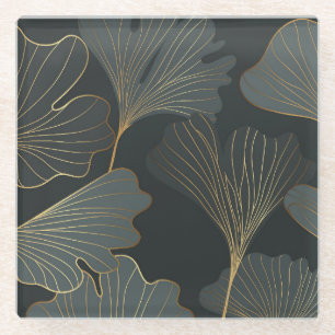 Goldener Ginkgo: Luxuriöse Floral-Dekoration. Glasuntersetzer
