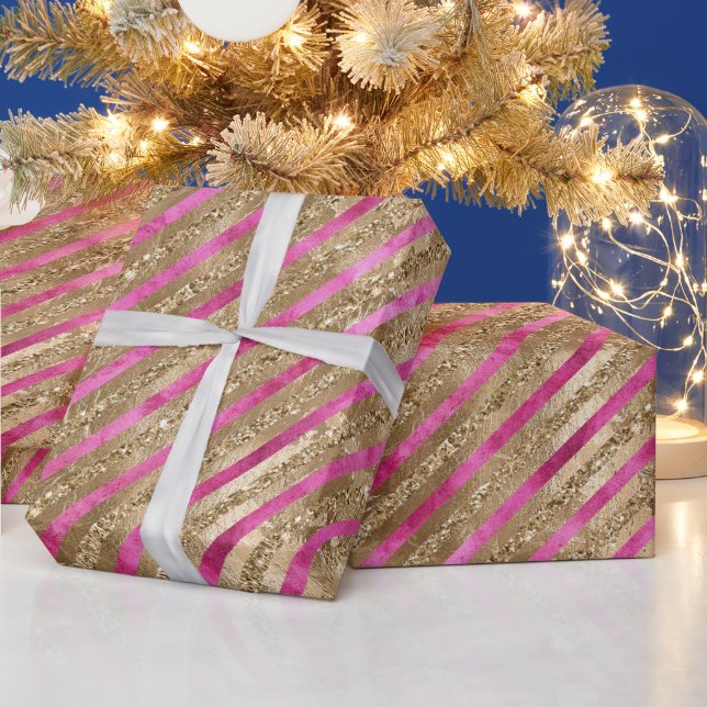 Goldener Glam Glitzer Giro Pink Streifen Geschenkpapier (Feiertage)