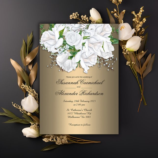 Goldener Glamour und White Bridal Bouquet Wedding Einladung (Von Creator hochgeladen)