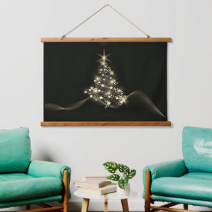 Goldener Glanz der Sterne auf dunklem Weihnachtsba Wandteppich Mit Holzrahmen