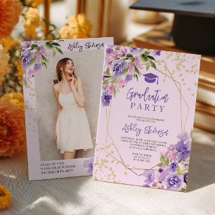 Goldener Glitter Lila Mädchenhaftes Blumen-Foto Ab Einladung