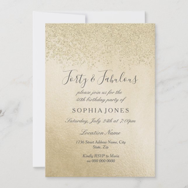 Goldener Glitzer 40 Jahre und herrlicher 40 Jahre Einladung (Vorderseite)