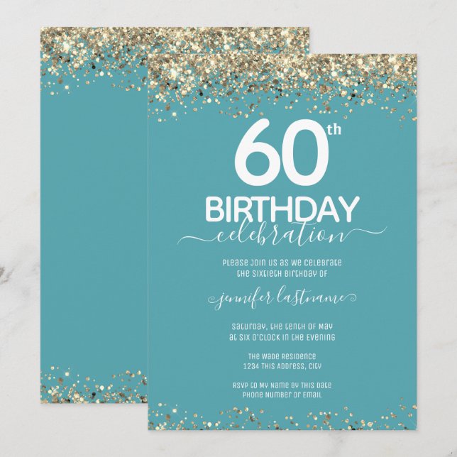 Goldener Glitzer 60. Geburtstagsparty Einladung (Vorne/Hinten)