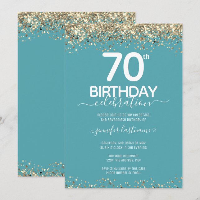 Goldener Glitzer 70. Geburtstagsparty Einladung (Vorne/Hinten)