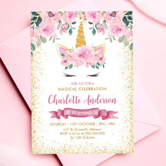 Goldener Glitzer Aquamarin Rosa Blütenhorn zum Geb Einladung