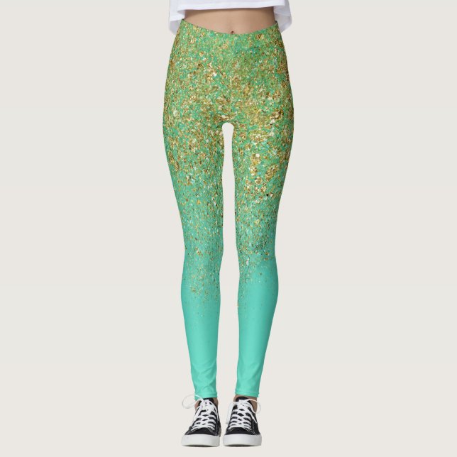 Goldener Glitzer & Aquamarines Aqua Glam Sparkle Leggings (Vorderseite)