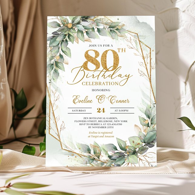 Goldener Glitzer Aquarell Eukalyptus 80. Geburtsta Einladung (Delicate green eucalyptus and gold glitter number 80th birthday invitation digital
)