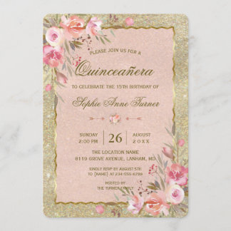 Goldener Glitzer Blush Bloral Quinceñera Geburtsta Einladung