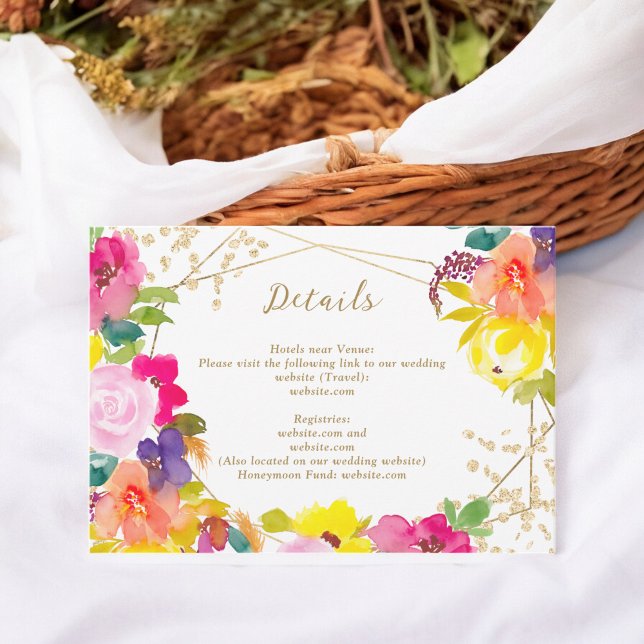 Goldener Glitzer Böhmisches Blumenzitat Begleitkarte (Gold glitter boho bold floral wedding chic details enclosure card)