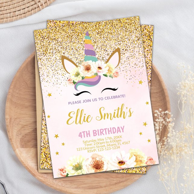 Goldener Glitzer Einhorn Einladung zum Geburtstag (Golden Glitter Unicorn Birthday Invitations)