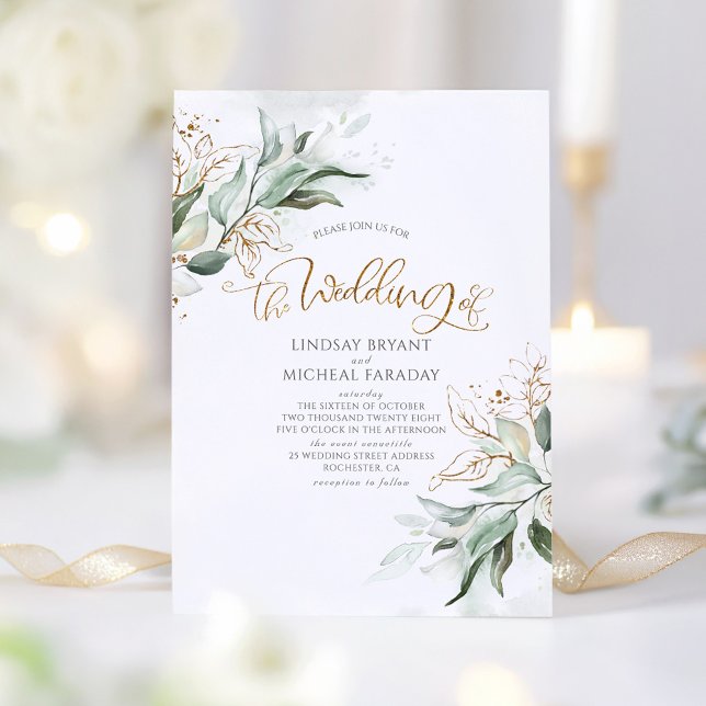 Goldener Glitzer Eukalyptus Grüne Ristorante Forni Einladung (Elegant Greenery Wedding Invitation)