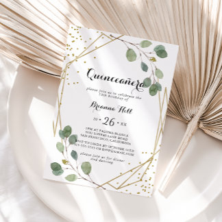 Goldener Glitzer Geometric Greenery Quinceañera Einladung