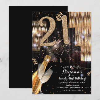 Goldener Glitzer Glam Champagner Wein 21. Geburtst Einladung