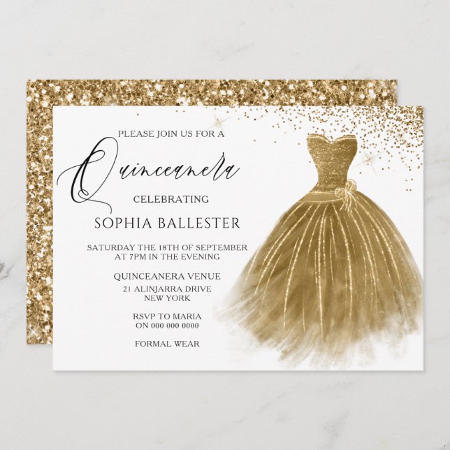 Goldener Glitzer Goldenes Kleid Quinceanera Einladung (Vorne/Hinten)