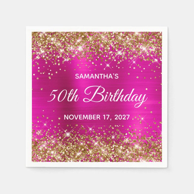 Goldener Glitzer Hot Pink Foil 50. Geburtstag Serviette (Vorderseite)
