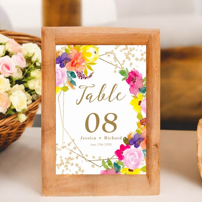 Goldener Glitzer mit feinem, blumenfarbenem Chic Tischnummer (Gold glitter boho bold floral watercolor chic table number)